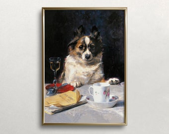 Dog at Table | Vintage Wall Art | Dog Portrait | Dark Moody Colors | Cute Dog |Antique Wall Decor Digital DOWNLOAD | PRINTABLE Wall Art #408