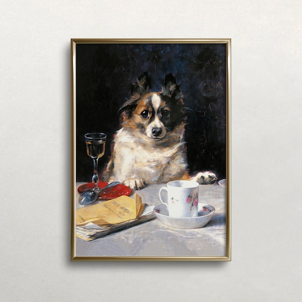 Dog at Table | Vintage Wall Art | Dog Portrait | Dark Moody Colors | Cute Dog |Antique Wall Decor Digital DOWNLOAD | PRINTABLE Wall Art #408