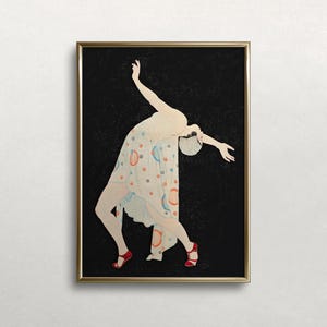 May include: A framed art print featuring a dancer in a flowing dress with colorful polka dots and red shoes, set against a black background. The dancer is in a dynamic pose, with arms outstretched.