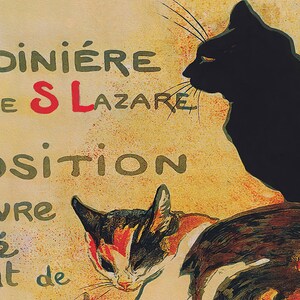 May include: Vintage poster art featuring two cats against a textured yellow background. A black cat is silhouetted on the right, while a calico cat is in the lower portion. The poster includes French text, with the word "S LAZARE" in red.