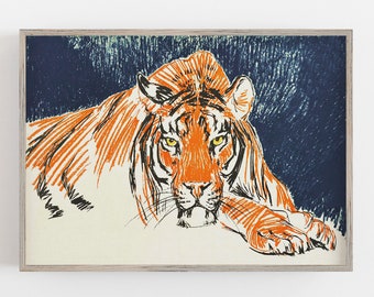 Tiger Wall Art, Vintage Wall Art, Vintage Tiger Print, Wild Cat Art, Retro Wall Decor, Colorful Art, DIGITAL DOWNLOAD, PRINTABLE Wall Art