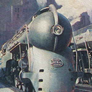 May include: A vintage illustration of a large, silver steam locomotive with a black and silver smokestack. The locomotive is labeled "New York Central System".
