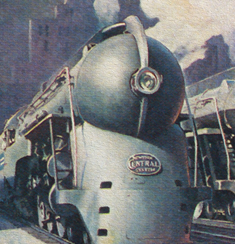May include: A vintage illustration of a large, silver steam locomotive with a black and silver smokestack. The locomotive is labeled "New York Central System".