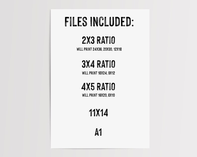 Op de afbeelding: Een witte poster met zwarte tekst met de opgenomen bestandsformaten voor afdrukken. De tekst bevat "BESTANDEN INBEGREPEN:" gevolgd door "2X3 RATIO", "3X4 RATIO", "4X5 RATIO", "11X14" en "A1".