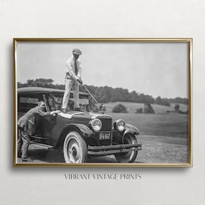 Funny Golfer Antique Car Print: Vintage Black and White Wall Art (Digital Download)