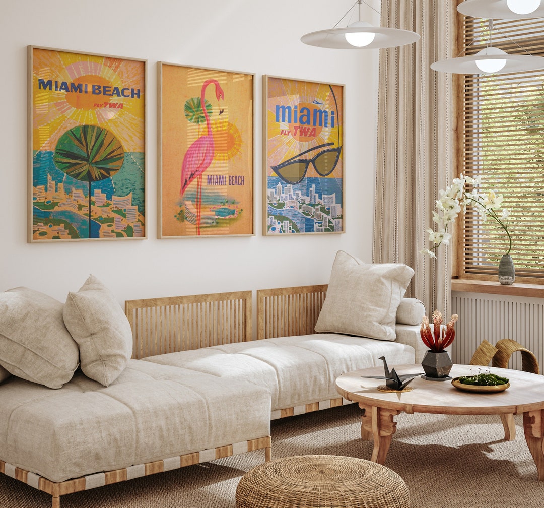 Miami Wall Art, Vintage Wall Art, Retro Wall Decor, Miami Travel Prints