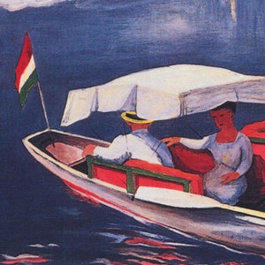 May include: Painting of a boat with two figures and a Hungarian flag. The boat features a white canopy and red detailing. The water is dark blue, and the sky is a lighter blue.