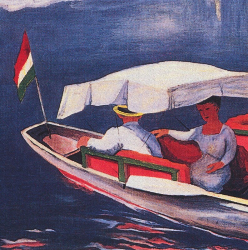 May include: Painting of a boat with two figures and a Hungarian flag. The boat features a white canopy and red detailing. The water is dark blue, and the sky is a lighter blue.