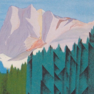 May include: A painting of a mountain range with a purple and pink hue, with a foreground of dark green trees.