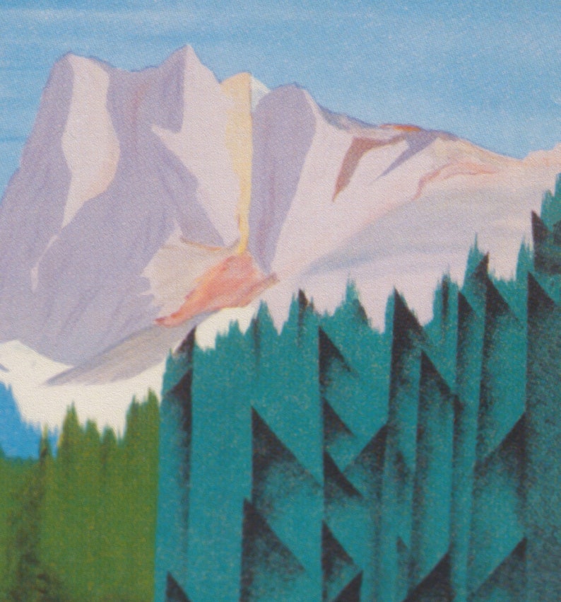 May include: A painting of a mountain range with a purple and pink hue, with a foreground of dark green trees.