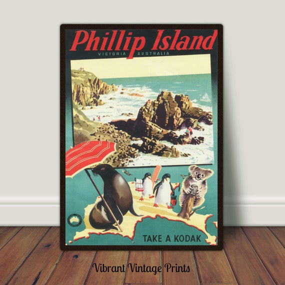 Phillip Island Victoria Australia Penguin Koala Vintage Travel Art Poster Print