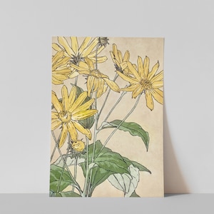 May include: A vintage-style illustration of a bouquet of yellow flowers with green leaves on a beige background.