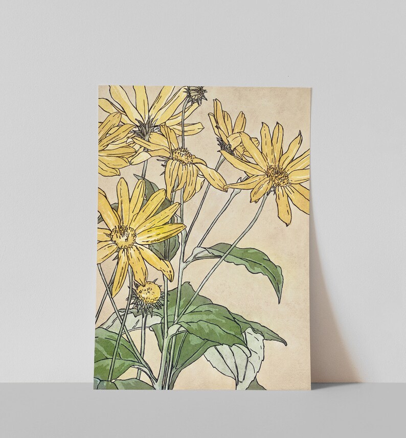 May include: A vintage-style illustration of a bouquet of yellow flowers with green leaves on a beige background.