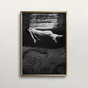 Vintage Woman Underwater Art: Moody Black and White Photography (Digital Download)