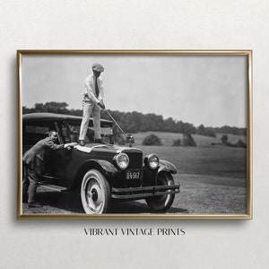 Golfer on Top of Car, Golf Wall Art, Black and White Art, Vintage Wall Art, Funny Wall Art, Antique Car Digital DOWNLOAD, PRINTABLE Wall Art