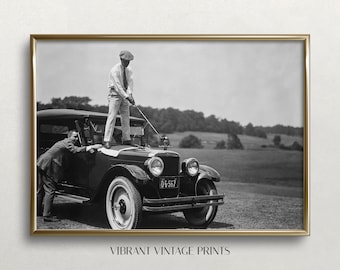 Golfer on Top of Car, Golf Wall Art, Black and White Art, Vintage Wall Art, Funny Wall Art, Antique Car Digital DOWNLOAD, PRINTABLE Wall Art