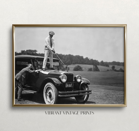 Golfer on Antique Car Print: Funny Vintage Golf Wall Art (Digital Download)