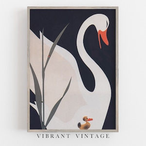 Swan Wall Art, Vintage Wall Art, Nursery Wall Decor, Swan and Duckling, Dark Colors, Vintage Poster Art DIGITAL DOWNLOAD, PRINTABLE Wall Art