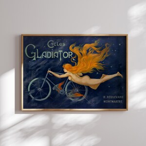 May include: A vintage poster advertising Gladiator Cycles. The poster features a woman with long flowing red hair riding a bicycle through a starry night sky. The text on the poster reads "Cycles Gladiator 18, Boulevard Montmartre".