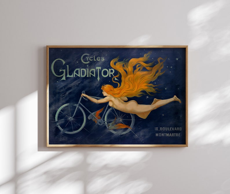May include: A vintage poster advertising Gladiator Cycles. The poster features a woman with long flowing red hair riding a bicycle through a starry night sky. The text on the poster reads "Cycles Gladiator 18, Boulevard Montmartre".