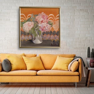 May include: A painting of pink peonies in a clear glass vase against a background of orange and black waves.