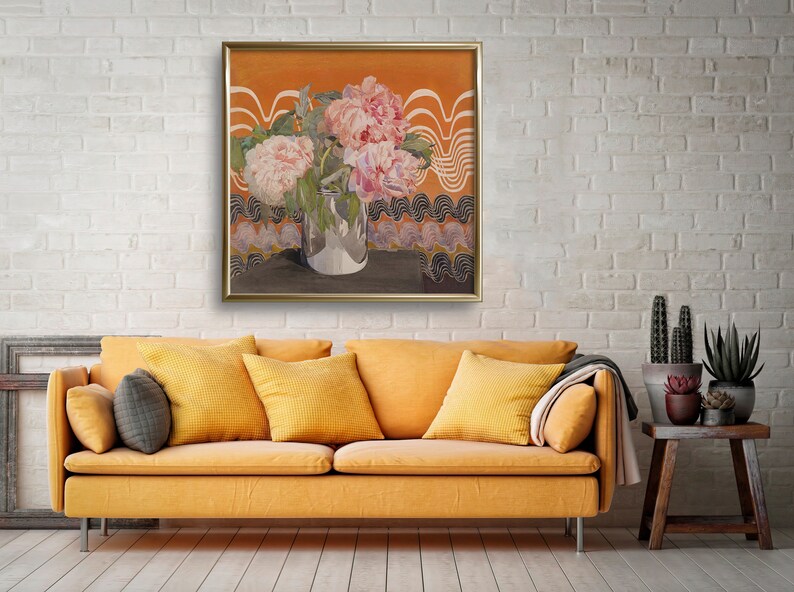 May include: A painting of pink peonies in a clear glass vase against a background of orange and black waves.