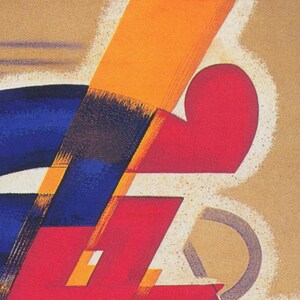 May include: Abstract art print featuring geometric shapes in shades of orange, red, blue, and white. The shapes overlap and create a dynamic composition.
