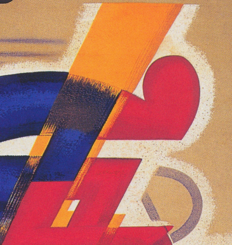 May include: Abstract art print featuring geometric shapes in shades of orange, red, blue, and white. The shapes overlap and create a dynamic composition.