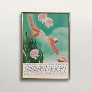 Arte de buceo en busca de conchas marinas, arte mural playero, arte mural vintage, decoración costera, arte mural de natación, arte mural náutico (DESCARGA DIGITAL, IMPRIMIBLE)