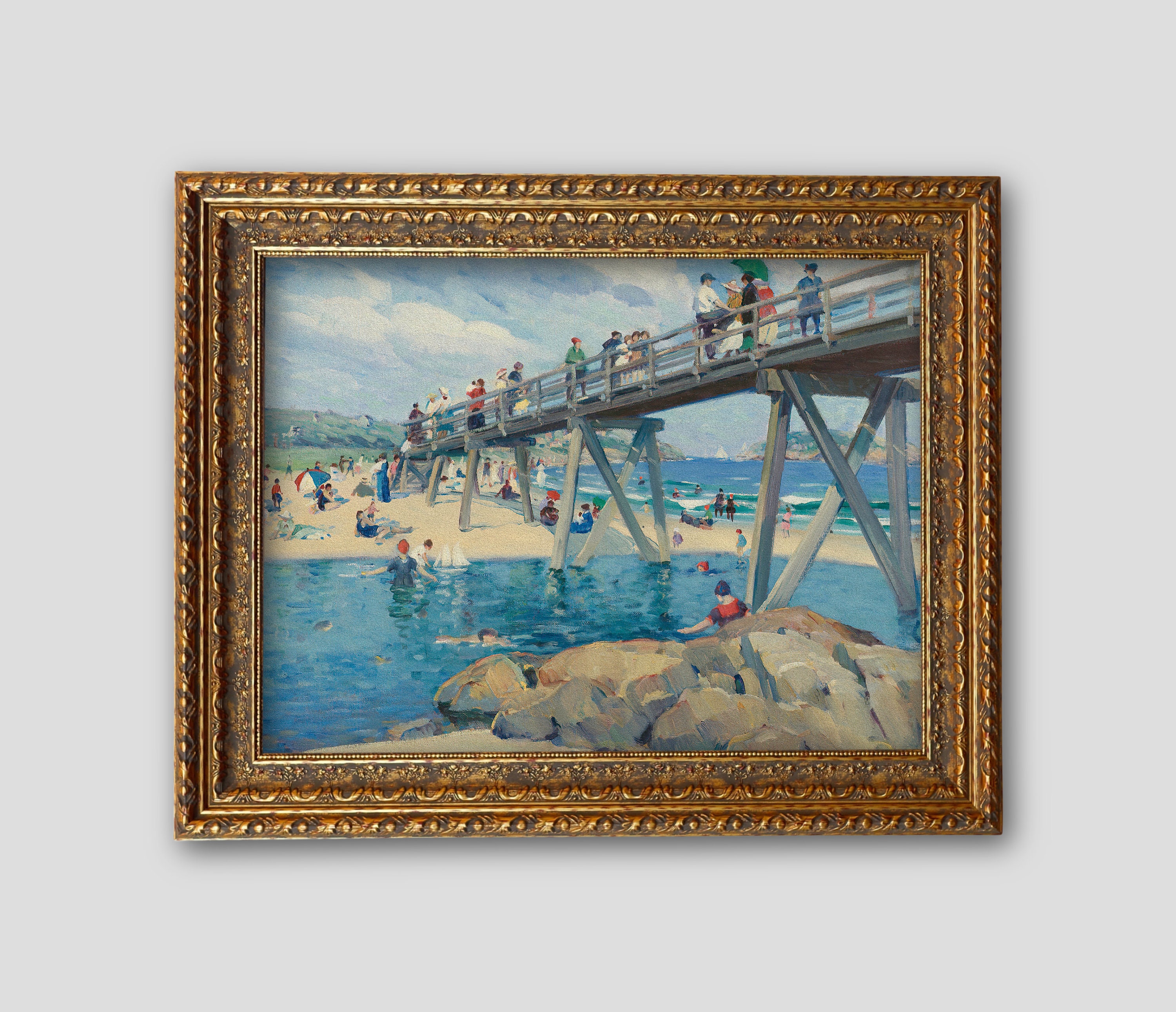 Beach Wall Art Vintage Painting Coastal Print Antique Etsy