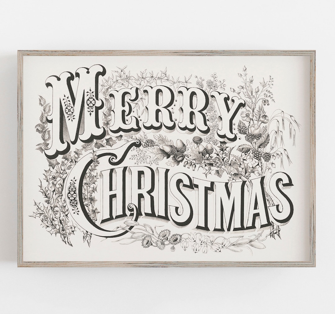 Merry Christmas, Black and White Art, Christmas Wall Art, Vintage Wall