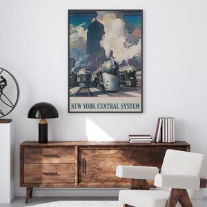 May include: A vintage poster advertising the New York Central System with a blue sky and white clouds in the background. Three silver trains are in the foreground with a tall building in the distance.