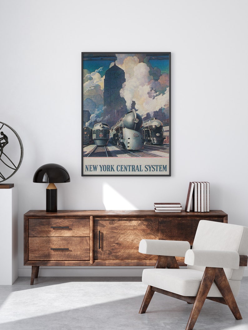 May include: A vintage poster advertising the New York Central System with a blue sky and white clouds in the background. Three silver trains are in the foreground with a tall building in the distance.