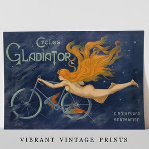 May include: Vintage advertisement for Gladiator Cycles featuring a woman riding a bicycle through a starry night sky. The text reads "Cycles Gladiator 18, Boulevard Montmartre."