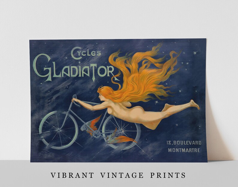 May include: Vintage advertisement for Gladiator Cycles featuring a woman riding a bicycle through a starry night sky. The text reads "Cycles Gladiator 18, Boulevard Montmartre."