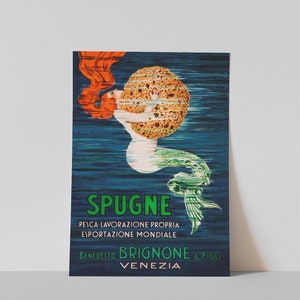 May include: Vintage poster advertising sponges with a mermaid holding a large sponge. The poster is in shades of blue, green, orange, and brown. The text reads "Spugne, Pesca Lavorazione Propria, Esportazione Mondiale, Benedetto Brignone & Figli, Venezia."