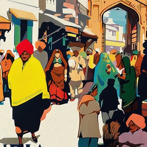 May include: An artistic depiction of a bustling Indian marketplace. The image features a crowd of people in traditional attire, with vibrant colors like yellow, red, and green dominating the scene. An archway and buildings provide a backdrop to the lively street scene.