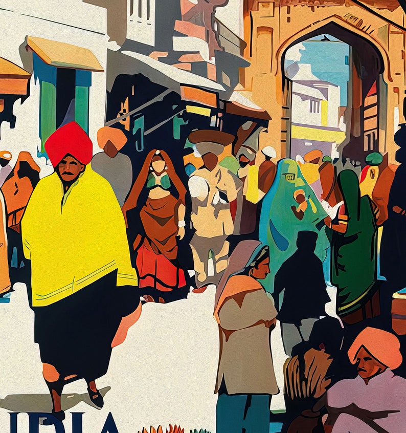 May include: An artistic depiction of a bustling Indian marketplace. The image features a crowd of people in traditional attire, with vibrant colors like yellow, red, and green dominating the scene. An archway and buildings provide a backdrop to the lively street scene.