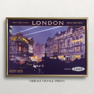 Póster de viaje de Londres, Arte de pared vintage, Piccadilly Circus, Criterion Theatre, West End de Londres, Arte de Inglaterra, DESCARGA digital, Arte IMPRIMIBLE