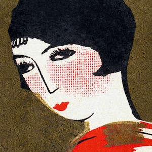 K&ouml;nnte beinhalten: Vintage-Illustration einer Frau mit schwarzen Haaren und roten Lippen. Das Gesicht der Frau ist mit einem Halbton-Punktmuster in Rot und Wei&szlig; dargestellt. Sie tr&auml;gt ein rotes Oberteil, vor einem marmorierten Goldhintergrund.