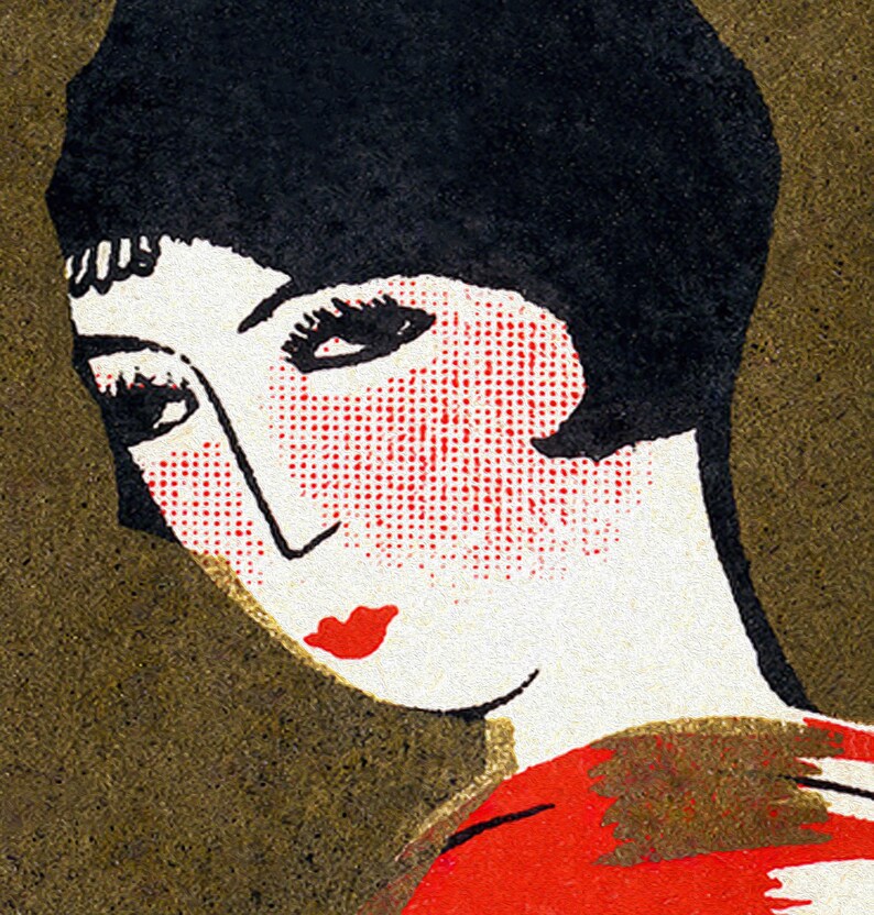 K&ouml;nnte beinhalten: Vintage-Illustration einer Frau mit schwarzen Haaren und roten Lippen. Das Gesicht der Frau ist mit einem Halbton-Punktmuster in Rot und Wei&szlig; dargestellt. Sie tr&auml;gt ein rotes Oberteil, vor einem marmorierten Goldhintergrund.