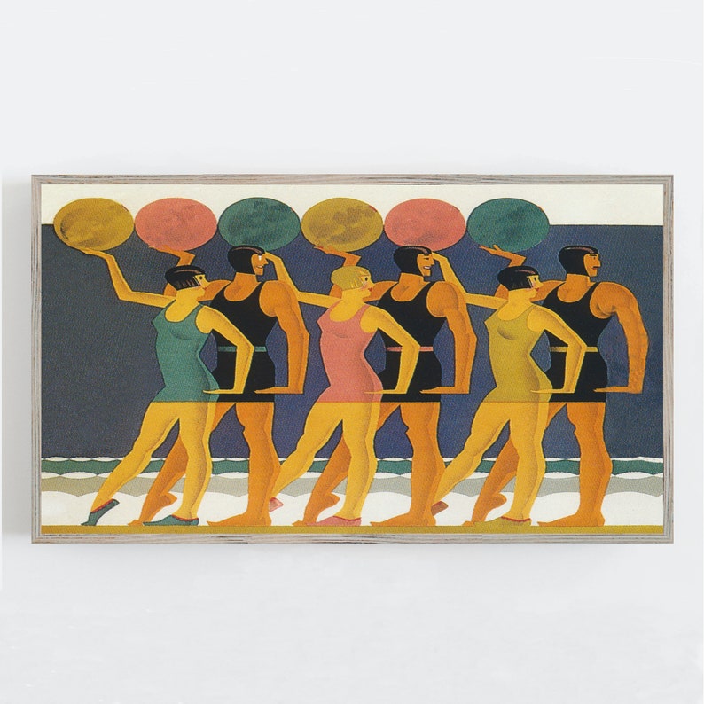 May include: A framed vintage art print featuring a line of stylized figures in swimwear, each holding a colorful orb above their heads. The figures are in shades of yellow, black, and various pastel colors, set against a dark blue background.