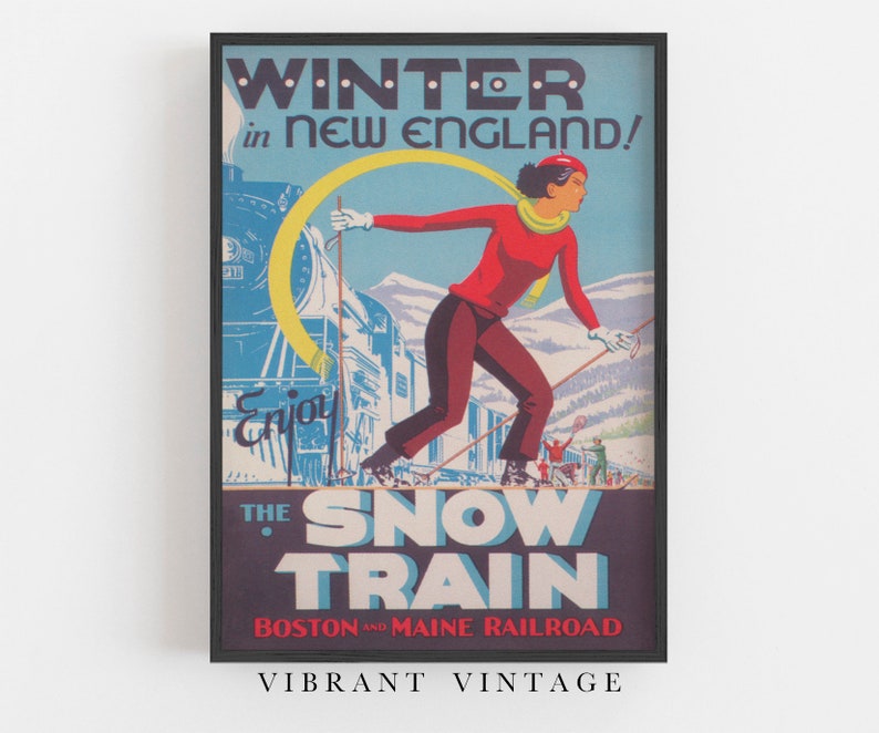 New England Wall Art Vintage Ski Poster Snow Train Print Etsy