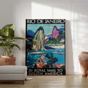 May include: Vintage travel poster advertising travel to Rio de Janeiro by Royal Mail to South America. The poster features a colorful illustration of Sugarloaf Mountain and Guanabara Bay.
