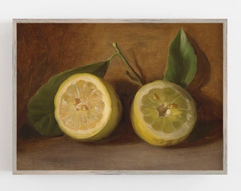 Vintage Lemon Still Life Painting: Farmhouse Kitchen Art (Printable Art)