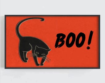 Cat Frame TV Art, Black Cat Wall Art, Halloween Wall Art, Vintage Wall Art, Japanese Matchbox Label, Samsung Frame TV Art, Digital DOWNLOAD