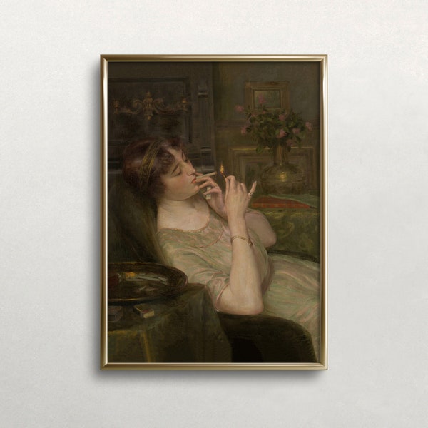 Portrait de femme | art mural vintage | Femme fumant une cigarette | Décor Moody sombre | Décoration murale antique imprimée Dark Academia | Art IMPRIMABLE #270