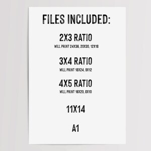 May include: A white informational sign with black text listing file specifications: FILES INCLUDED: 2X3 RATIO WILL PRINT 24X36, 20X30, 12X18; 3X4 RATIO WILL PRINT 18X24, 9X12; 4X5 RATIO WILL PRINT 16X20, 8X10; 11X14; AND A1.