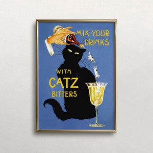 Catz Bitters プリント、ビンテージ飲料ポスター、黒猫の壁アート、バーの壁装飾、酒類、デジタルダウンロード、印刷可能な壁アート