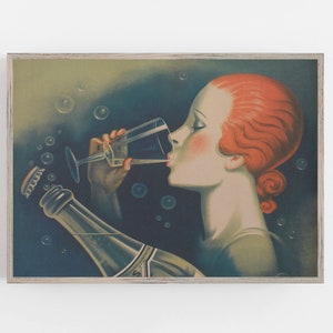 Vrouw drinkwater, barwagen kunst, vintage muurkunst, bar muur decor, bron Verdier, gedempte neutrale kleuren, DOWNLOAD, AFDRUKBARE muurkunst